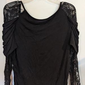 Black stretch cold shoulder top with lace detail
